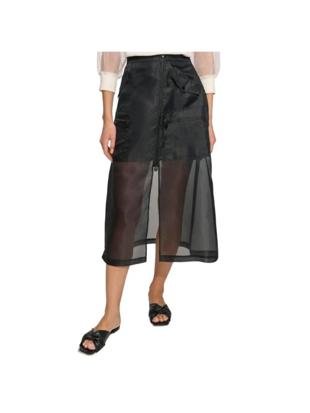 Dkny Womens Organza Zip-Front Cargo MIDI Skirt Black Size 2 NWT